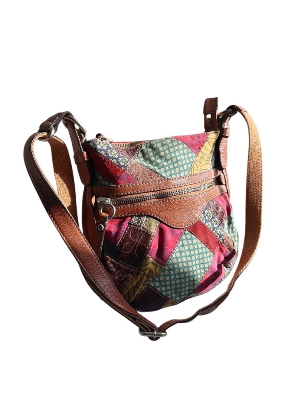 Vintage Fossil Leather, Suede, & Fabric Patchwork Crossbody Bag